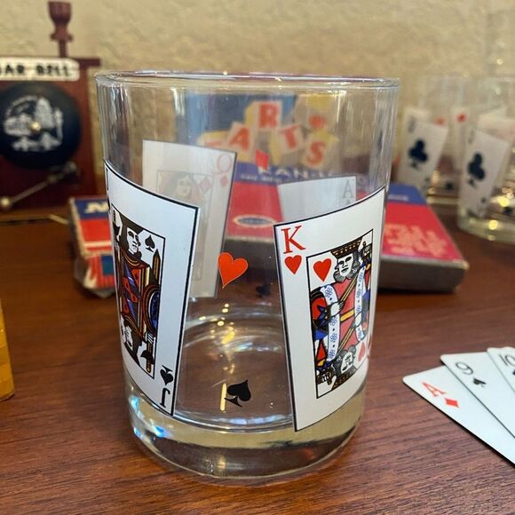 Vintage Playing Cards Design Lowball Glasses – Set of 4 Tumblers - Picture 2 of 12